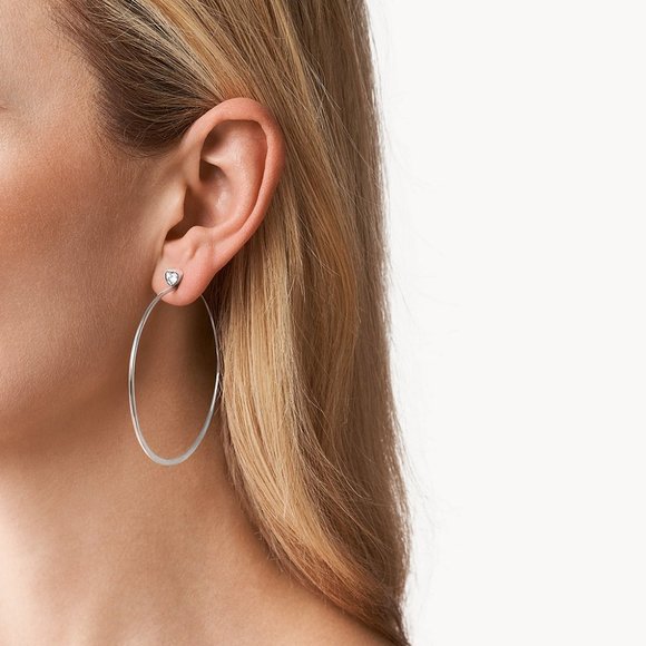 Michael Kors Stainless Steel Hoop Earring Silver-tone Heart Stud Crystal - Picture 2 of 5